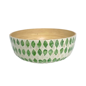 Bol décoratif rond en bambou fait à la main avec incrustation de capiz Design écologique motif géométrique vert pour servir la décoration de stockage à la maison - Product Image 1