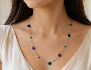 Collier superposé bohème en argent sterling avec perles d'améthyste naturelle et d'onyx vert, cadeau pour femme - Product Image 1