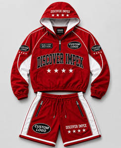 Custom Unisex Red Nylon Autumn Short Set Hooded <b>Zip</b>-<b>Up</b> <b>Jacket</b> Contrast Panel Track Shorts Front Logo Waterproof - Product Image 1