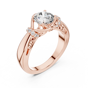 Bague de fiançailles classique en diamant taille ronde avec motif cœur romantique et pierres d'appoint en or rose - Product Image 1