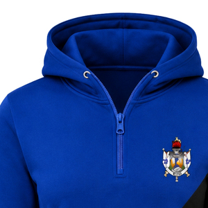Sudadera con capucha para mujer, personalizada, azul real y negra, con diseño de 2 paneles cruzados, media cremallera, bloques de color, manga larga, estilo casual y de moda para hermandades - Product Image 6