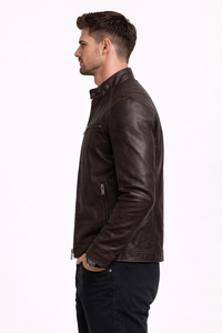 Chaqueta de cuero genuino para hombre, color marrón oscuro, estilo motero, con cuello alto y cremallera, informal. - Product Image 2