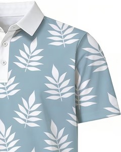 Men's Light Blue White Leaf Print Short Sleeve Polo Shirt Casual Breathable Cotton Oxford Fabric Digital Printed Regular Fit - Product Image 6