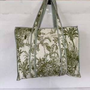 Green Toile Jungle Print Quilted Cotton Durable Zipper Tote <b>Bag</b> Women Handmade <b>Boho</b> Shoulder Handbag Large Capacity Travel <b>Bag</b> - Product Image 4