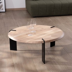 Vandana Golden Living <b>round</b> designer <b>coffee</b> <b>table</b> in acacia wood with 3 <b>black</b> metal legs - Product Image 3
