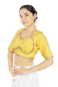 <b>Yellow</b> Embroidered Fashion Washable Women Blouse Crop Top Short Sleeve 100% Silk Printed Shirt for Lehenga <b>Saree</b> - Product Image 3