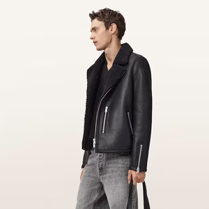 Chaqueta de Cuero Genuino para Hombre, Estilo Motero, con Cuello Alto, Cierre de Cremallera, Impermeable, Forro de Piel Sintética y Logotipo, Corte Regular para Invierno - Product Image 3