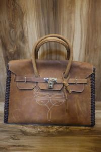 Sac fourre-tout en cuir véritable fait main, côtés tressés, poignées supérieures, fermeture à cadenas, doublure en polyester, style vintage, toutes saisons - Product Image 4