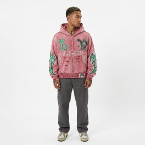 Sweat à capuche vintage délavé à l'acide, coupe classique, fermeture éclair intégrale, streetwear, double couche de coton, vêtement d'extérieur hiver - Product Image 2
