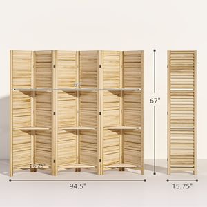 67\" Tall Natural Wood Privacy <b>Screen</b> Room Divider with 3 Shelves and Folding Storage 6 Panel <b>Screen</b> for <b>Bedroom</b> - Product Image 3