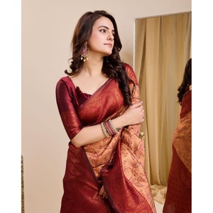 LATEST KANJIVARAM SILK MODAL <b>VISCOSE</b> JACQUARD WORK SAREE with UNSTITCHED BLOUSE PEACH Dhoti - Product Image 2