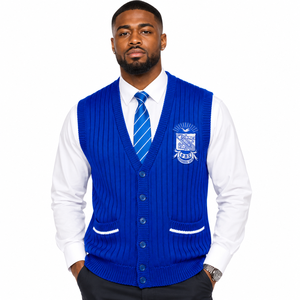 Chaleco de Punto Azul Rey para Hombre Phi Beta Sigma, Cuello en V, Botones al Frente, Escudo Bordado, Sin Mangas, con Bolsillos, Formal - Product Image 1