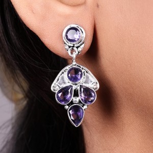 ต่างหูห้อยประดับดอกไม้สไตล์โบฮีเมียนทำจากทองเหลืองชุบเงินโบราณประดับด้วยหินหลากสีสำหรับผู้หญิง |   เครื่องประดับทำมือจากอินเดียสำหรับงานปาร์ตี้ - Product Image 4