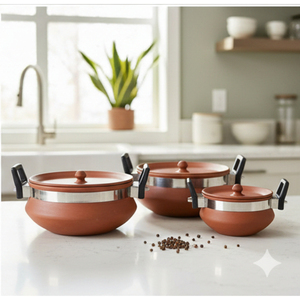 Ensemble de vaisselle en argile terracotta avec couvercles et support en acier inoxydable (lot de 3) - Écologique et réutilisable - Product Image 3