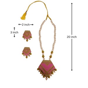 Premium Quality Handmade Jewelry Assamese Gamusa Pink Muga Silk Necklace <b>Set</b> with <b>Crystal</b> Beads with Earrings - Product Image 2