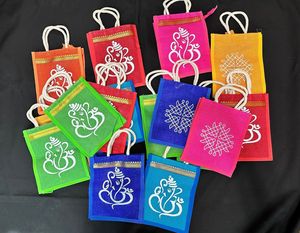 Indian Handmade Traditional Ganesh Print Jute Fabric <b>Bag</b> Wedding Party Favor Return <b>Gift</b> <b>Bags</b> for Housewarming Haldi Sangeet - Product Image 4