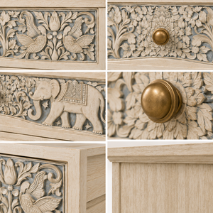 Meilleure Qualité Écologique Durable Gain de Place Commode à Tiroirs en Bois de Mangue Massif Sculpté à la Main Blanc Antique avec Motif Floral Éléphant - Product Image 6