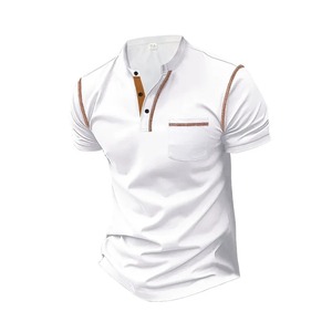 Men's White Short Sleeve for Shirt Pocket Brown Trim Casual Knitted Solid Design Regular Fit 100% Polyester Anti-Wrinkle Front - Product Image 1
