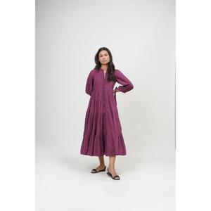 Robe longue trapèze violette faite main de haute qualité, col en V, manches courtes, en coton, style simple, taille naturelle, respirante, pour femme, idéale pour le printemps - Product Image 1
