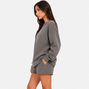 Ensemble sweat-shirt et short pour femme, en molleton peigné 340g, style vintage, anti-rétrécissement, coupe décontractée ample, avec cordon de serrage et poches, séchage rapide, OEM ODM - Product Image 3
