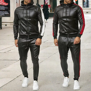 Men PU Leather Tracksuit Set Zip Up Hooded <b>Jacket</b> Jogging Pants Racer Stripe Sportswear Two Piece Set OEM Custom - Product Image 3