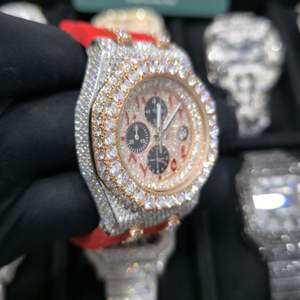 Montre-bracelet de luxe bicolore pour homme, entièrement sertie de diamants Moissanite, bracelet en caoutchouc rouge et noir, cadran date, entièrement mécanique - Product Image 5