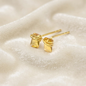 Ratnarachit Handmade Wire Wrapped Citrine <b>Stud</b> <b>Earrings</b> 14K Gold Plated Brass Baguette Cut Minimalist Women's Gift Claw Setting - Product Image 3