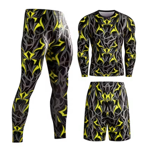 Ensemble de leggings de compression longs pour hommes avec t-shirt à manches longues et short, imprimé numérique uni, antibactérien, taille élastique, en spandex - Product Image 1