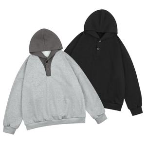 Mezcla de algodón personalizable de alta calidad de gran tamaño Drop Shoulder Clean Fit Button Closure Knitted Hood Fleece Lined Hoodie para hombres - Product Image 1