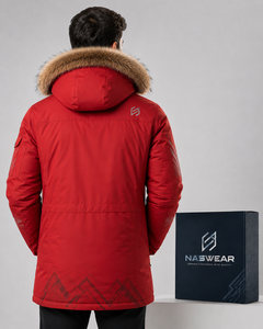 NASWEAR Men's <b>Red</b> Hooded Parka <b>Jacket</b> with Fur Trim <b>Waterproof</b> Down Filled Winter Coat Long Length Casual Style Parka Jacekt - Product Image 5