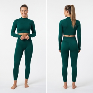 Ensemble de yoga 2 pièces pour femme : haut court à manches longues et leggings taille haute, personnalisable avec logo, doux, sans couture, séchage rapide, pour entraînement sportif - Product Image 2