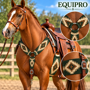 EQUIPRO CUSTOMISE Ensemble de harnais et de collier de poitrine pour cheval en cuir tressé bleu marine et laine, motif géométrique en losanges, boucles à conchos, fabriqué en Inde - Product Image 3