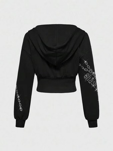 Sudadera con capucha corta con cremallera para mujer, con gráfico de cadena y jacquard, lavado ácido y pedrería, de felpa de algodón 420GSM, estilo vintage streetwear premium - Product Image 4