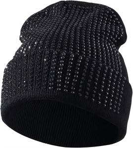 Bonnet en tricot extensible doux avec strass et pompon en fausse fourrure pour femme, idéal pour l'hiver, bonnet chaud jacquard pour temps froid - Product Image 1