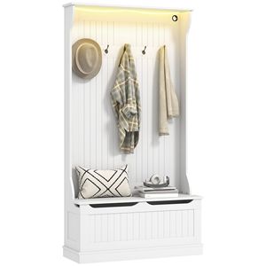 Panca da Ingresso 3-in-1 Bianca con Luci LED, Appendiabiti e Scarpiera, Mobile da Ingresso con 5 Ganci per Corridoio - Product Image 2