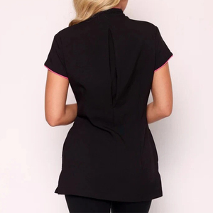 Uniforme de Spa para Mujer con Logotipo Personalizado, Túnica para Salón de Belleza, Top para Terapeuta, Manga Corta, Cuello Mao, Ribete Negro y Rosa, Ropa de Trabajo para Peluquería - Product Image 3