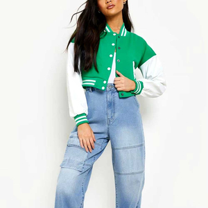 Green White Color Block Varsity Jacket Regular Sleeve Turn-down Collar <b>Button</b> Closure Casual Loose Fit Autumn Style - Product Image 5