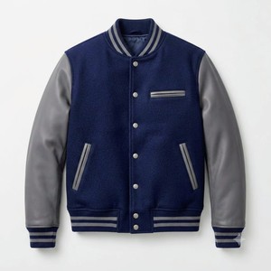 <b>Men's</b> Blue Varsity <b>Jacket</b> 2026 27 With Gray <b>Leather</b> Sleeves Turn-down Collar Single Button Closure Casual Autumn Wear - Product Image 1