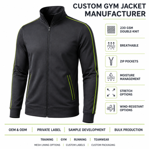 Veste de sport noire en polyester pour homme avec bordure vert citron, col montant, fermeture éclair, design sportif, logo personnalisé sur le devant - Product Image 2