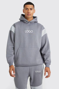 <b>Mens</b> Solid Grey with Contrast Light Grey Panels Custom Logo <b>Pullover</b> Hoodie and Matching Jogger Sweatpants Tracksuit OEM ODM - Product Image 3