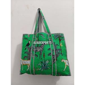 Green Jungle Cotton Hand-painted Quilted Tote Bag with <b>Tiger</b> <b>Print</b> Bohemian Style Open <b>Top</b> Large Capacity All Seasons Use - Product Image 1