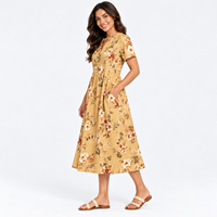 Robe midi florale moutarde pour femme, manches courtes, boutonnée sur le devant, coupe trapèze, avec poches, décontractée, pour l'été – Fournisseur de vêtements en gros OEM ODM