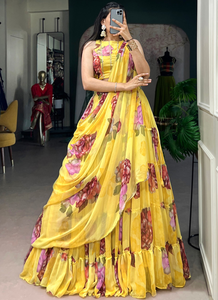 Ensemble Lehenga en Chiffon à Imprimé Floral Jaune pour Femmes, Robe de Mariage Indienne et Pakistanaise, Tenue de Fête Légère et Festive - Product Image 2
