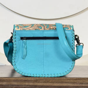 Handmade Tooled Genuine Cowhide Turquois Leather Crossbody Handbags Stylish Floral Design <b>Women</b> Crossbody Shoulder <b>Messenger</b> <b>Bag</b> - Product Image 5