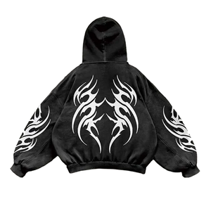 Men's Oversized Hooded Zipper Sweatshirt Black White Tribal Print Casual Fit Regular Sleeve French Terry Polyester Autumn Wear - Product Image 2