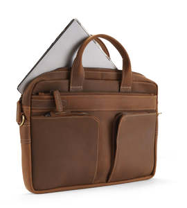 Brown Leather Laptop Bag with Dual Compartments Front Zipper Pockets and Adjustable Shoulder Strap Low MOQ - Product Image 5