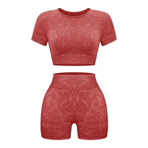 Conjunto Deportivo Rojo de 2 Piezas para Mujer, Top Corto de Manga Corta y Pantalones Cortos de Cintura Alta, Tejido Transpirable, Primavera Verano - Product Image 1