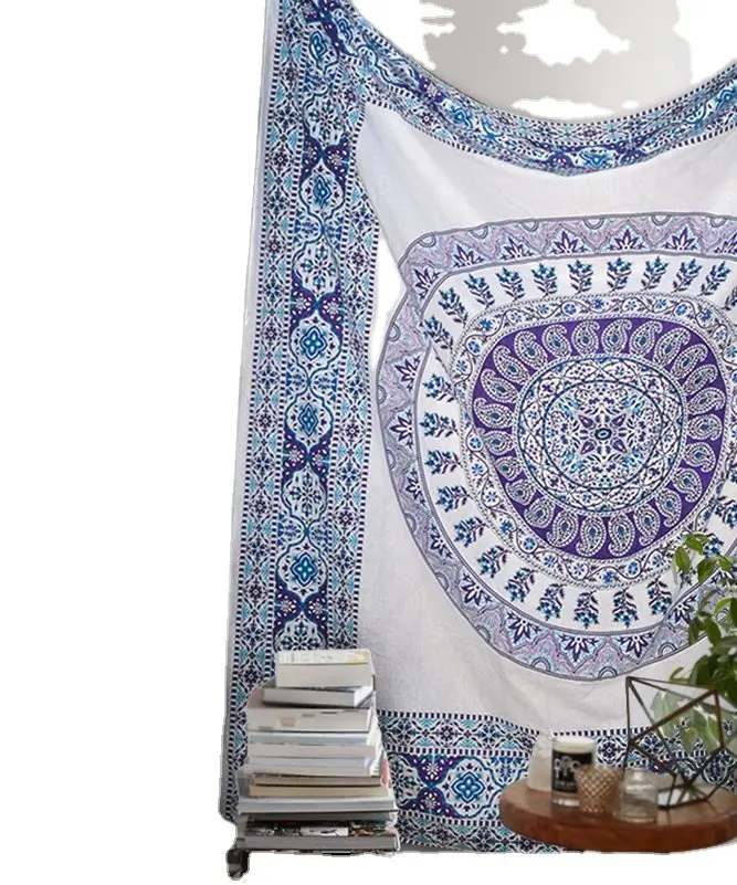 Couvre-lit indien blanc Hippie Mandala bohème, tapisserie psychédélique, motifs floraux, graphie magique de réflexion