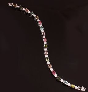 Pulsera de tenis de turmalina multicolor con gemas, plata de ley 925 chapada en oro, lujo elegante certificado, regalo de joyería para mujer - Product Image 1