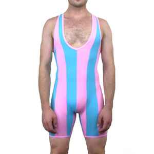 Combinaison de lutte rayée rose et bleue pour homme, sans couture, en spandex et nylon, une pièce - Product Image 1